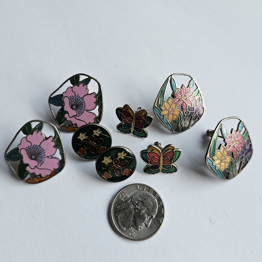 4 Pair Vintage Cloisonne Enamel Earrings
